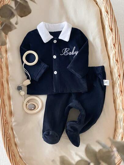 SHEIN 2 件套新生男婴服装，秋冬，刺绣字母装饰翻领开衫长袖上衣和连脚裤套装，家居服