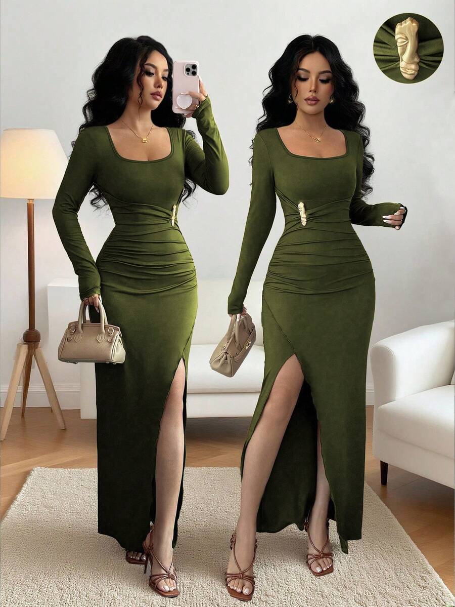 Selianne Đầm midi dự tiệc cổ vuông tay dài thanh lịch, cao cấp, khóa kim loại, eo nhún, viền bất đối xứng, dành cho nữ, mùa thu - xanh quân đội - Xem 1