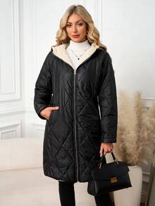 SHEIN Clasi Áo khoác giữ nhiệt lót lông màu trơn dành cho nữ, mùa thu/đông - màu đen - Xem 7