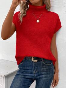 EMERY ROSE Women's Casual Solid Color Turtleneck Knit Vest, Autumn/Winter - Red - View 4