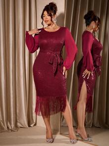 Cravure Christmas Plus Size Elegant Party Chiffon Patchwork Sequin Tassel Fitted Dress - Burgundy - View 6