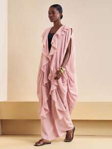 Zivah 2025秋季新品，适合生日派对、聚会、宴会、返校季、学院风、学生装、日常出行、百搭基础款、休闲、邮轮旅行、时尚、街头风、优雅、通勤、商务休闲等场合。这款开襟无袖垂褶不对称下摆罩衫搭配宽松阔腿裤，裤腿带有口袋，采用红棕色竖条纹纹理面料，是秋季女士两件套的理想之选。 - 粉色 - 查看 5