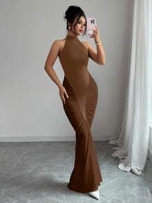 Elenzga Women's Black & White Color Block Halter Neck Cinched Waist Fishtail Hem Elegant Dress, Suitable For Commuting And Daily Wear