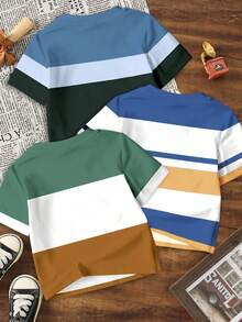 SHEIN 3 件套男婴休闲短袖时尚酷炫经典拼色图案印花圆领 T 恤，适合夏季校园风格 - 彩色 - 查看 2