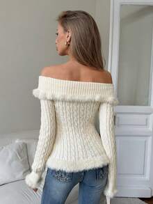 SHEIN Elenzya 女士时尚优雅露肩貂皮拼布毛衣 - 杏色 - 查看 3