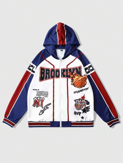 Street Life Sudadera con capucha con cremallera con estampado de eslogan y baloncesto para hombre, adecuada para uso casual y baloncesto