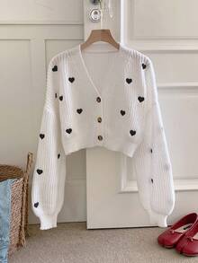 Comfortcana 女士休闲黑色心形图案超大落肩长袖薄款开衫，针织毛衣，秋冬 - 白色 - 查看 2