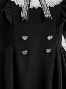 ROMWE EDITION Đầm xòe xếp ly cổ Peter Pan họa tiết ren chắp vá dễ thương cỡ lớn cho nữ - màu đen - Xem 5