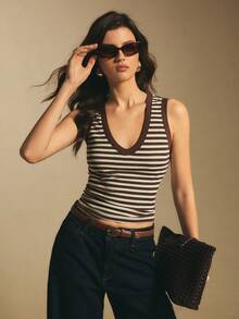 Poéselle Women's V-Neck Ribbed Slim Fit Casual Tank Top Women Tank Tops Striped Tank Brown Tank Top Striped Top Brown Tank Top Women Western Tank Tops Women - Brown - View 8