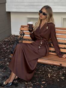 Elyressa 女士编织的优雅长款秋季连衣裙 - 咖啡棕 - 查看 6