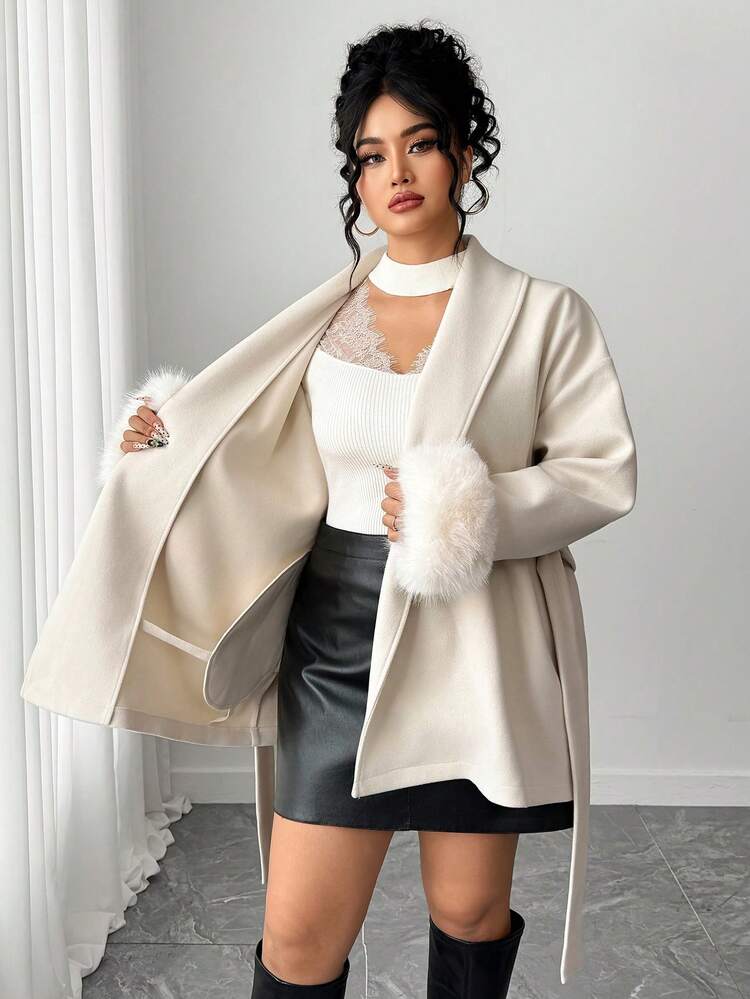 Dazy Plus Plus Size Women V-Neck Tie Waist Elegant Loose White Banquet Thick Coat, Autumn/Winter Jacket