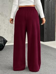 SHEIN EZwear Plus Size Burgundy Velvet Soft & Warm Casual Drawstring Loose Pants - Burgundy - View 2