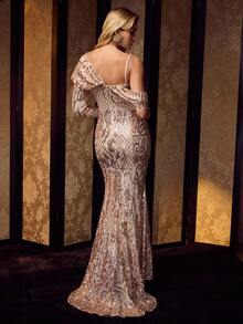 MOTF Soiréza VESTIDO DE NOCHE ELEGANTE CON DISEÑO DE CHAL ASIMÉTRICO BORDADO CON LENTEJUELAS, VESTIDO DE SIRENA PARA FIESTA FORMAL - Champán - Ver 7