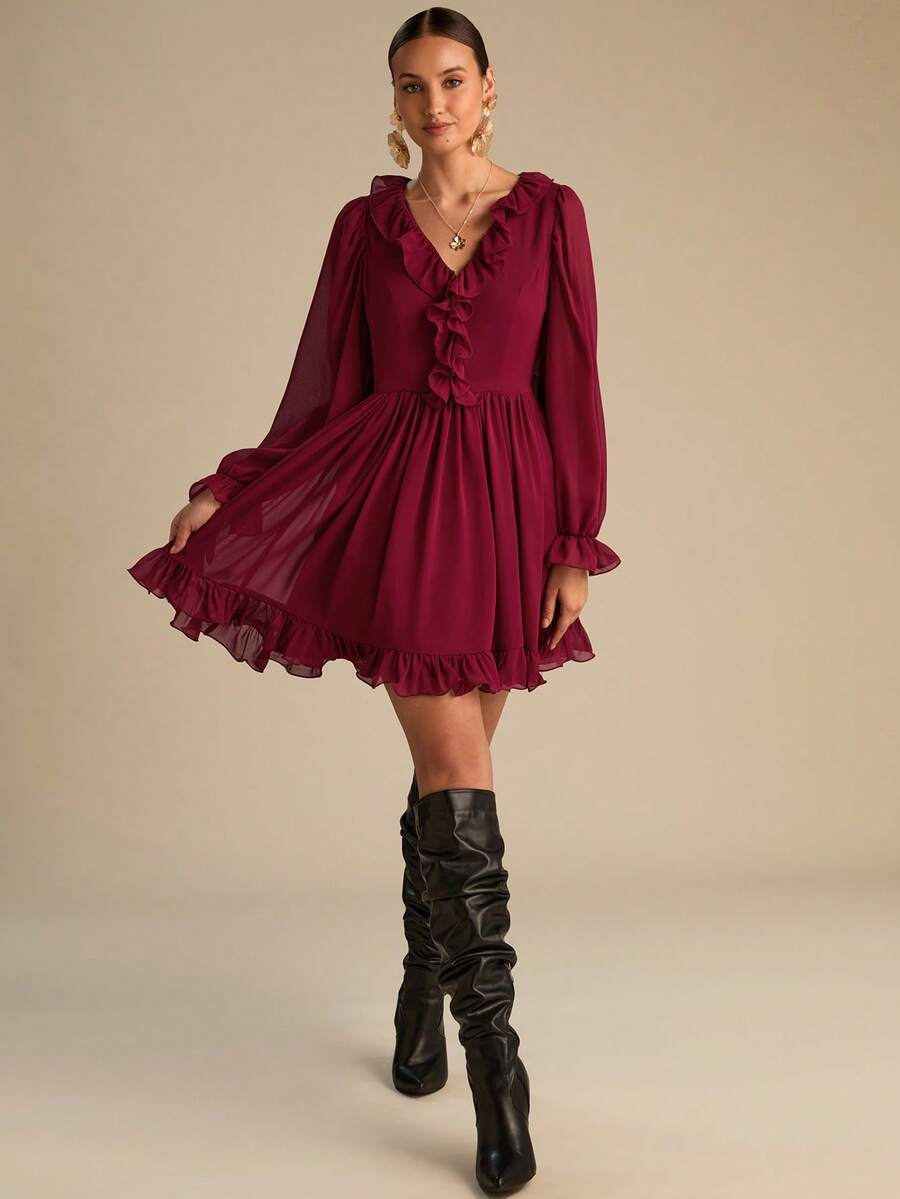 Enchnt Sukienka damska w jednolitym kolorze z falbaniastym kołnierzykiem i długim rękawem - Burgund - Zobacz 1