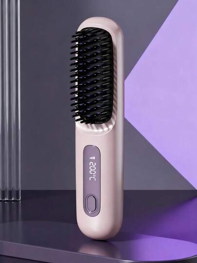 Cordless Hair Straightener Brush With LCD Display Temperature Adjustable, Portable Mini Straightening Brush For Travel, Negative Ion Hot Comb For Women Styling Hair Styler, Anti-Scald, Ceramic Coating