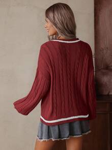 LanaWest Casual Contrast Color Trim Raglan Sweater, Autumn/Winter - Redwood - View 2