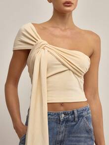 MUSERA Asymmetric Velour Drape Fitted Top Elegant Autumn Fall  Cute Sexy Gallerie Spring Summer Holiday - Beige - View 2