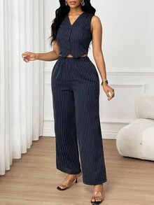 SHEIN Lady Women's Striped Single-Breasted Vest And Wide-Leg Pants Casual Commuter 2 Pieces Set - White - View 5