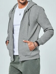RueChic Men Zip Up Slant Pocket Drawstring Hoodie - Light Grey - View 3