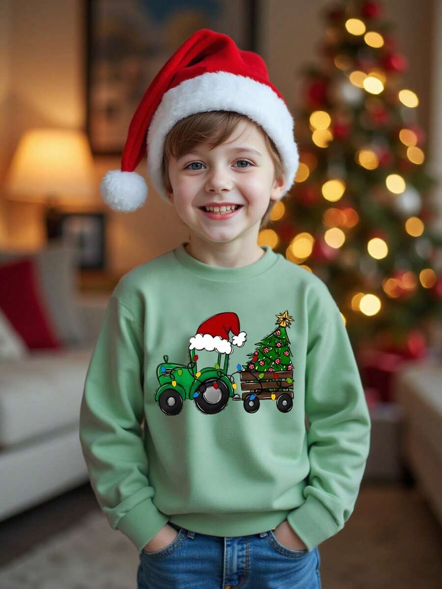 SHEIN 1 Stück Kleine Jungen Grün Rundhals Weihnachts-Muster Sweatshirt, Lässig Sport Streetwear, geeignet für Herbst/Winter, Weihnachten