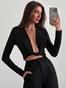 Aloruh كنزة صوفية بولوفر أنيقة باللون المشمشي، تي شيرت طويل الأكمام متعدد الاستخدامات مزين بتصميم عميق على شكل V مع تويست - الأسود - مشاهدة 3