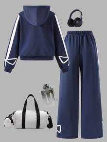 2件套青少年女孩拉链连帽运动衫和休闲宽松运动裤套装 - 藍色 - 查看 2