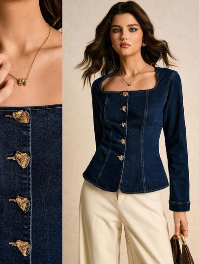 Poéselle Women's Autumn Metal Single-Breasted Swan Collar Long Sleeve Fashion Denim Jacket Dark Blue Top French Style Clothes Denim Tops For Women Western Tops For Women Corset Tops For Women Business Casual Women Long Sleeve Women Overalls Jean Tops For Women Navy Blue Tops Dark Blue Tops