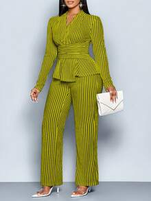 SOLERSUN Plus Size Women's Fall And Winter Elegant Striped V Neck Long Sleeve T-Shirt And Wide Leg Pants Two Pieces Set,Asymmetrical Hem Two Pieces Outfits,Casual Daily Wear,Winter Clothes For Women Fall Cloth For Women ,Wrapping, Twisting, Waistband, Black And White Striped Jacquard Texture Fabric, Daily Wear, Commuting, Shopping - Olive Green - View 4
