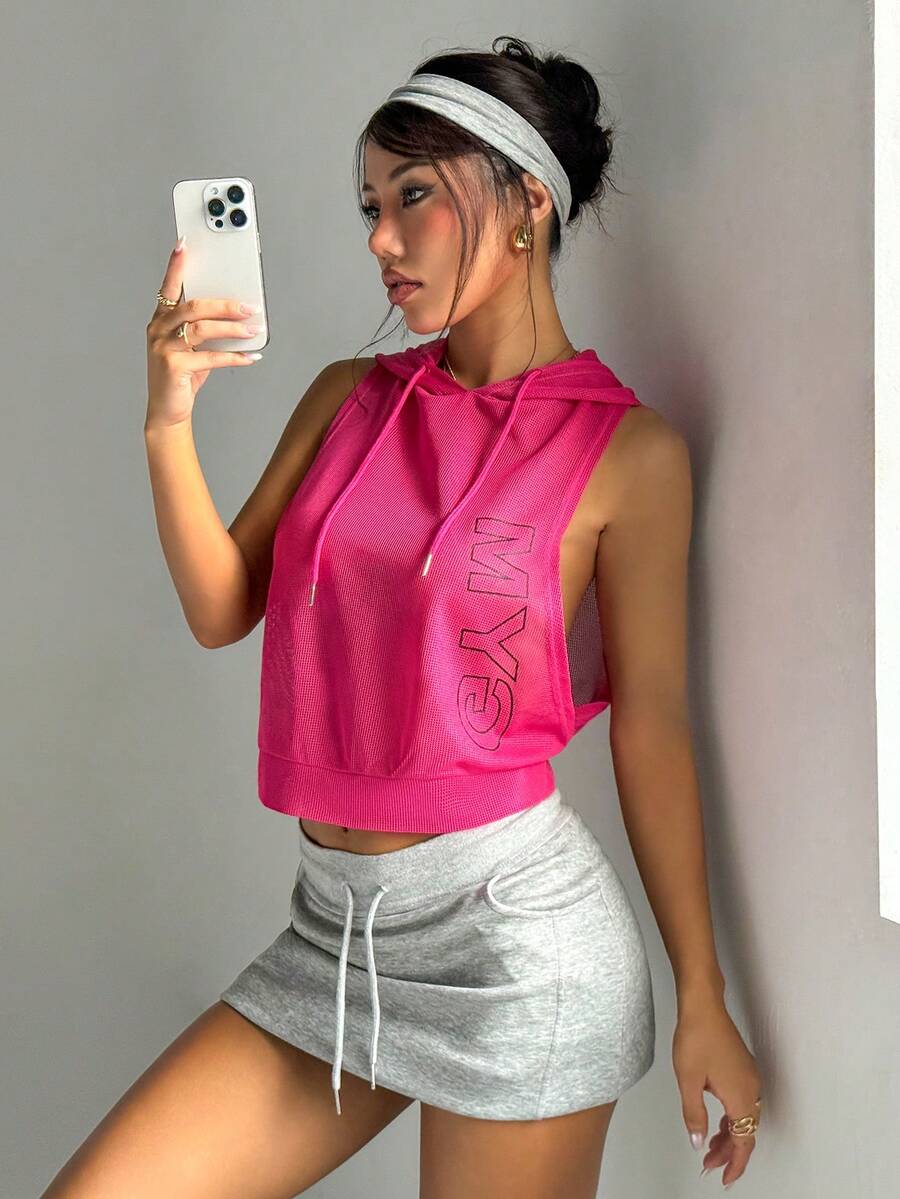 Dewbera 女士运动瑜伽网眼短款抽绳卫衣 - 玫紅色 - 查看 1