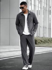 Manfinity CasualCool Dark Grey,Autumn,Streetwear,City Break Men's 2 Pieces Corduroy Jacket Set,Casual Leisure Suit Co Ord Joggers Outfit, Fall Clothes For Men - Grey - View 3