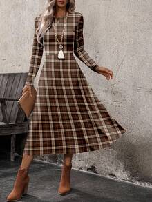 EMERY ROSE Casual Minimalist Vintage Coin Pattern Red-Brown Plaid Allover Print Long Sleeve Dress For Women, Suitable For Autumn/Winter - Multicolor - View 1