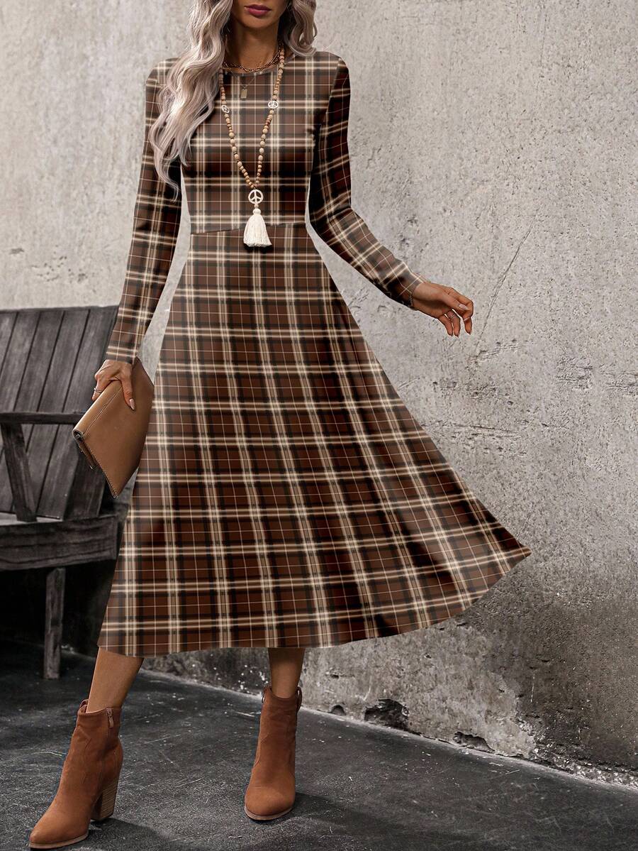 EMERY ROSE Casual Minimalist Vintage Coin Pattern Red-Brown Plaid Allover Print Long Sleeve Dress For Women, Suitable For Autumn/Winter - Multicolor - View 1