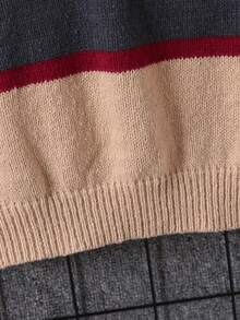 Tween Boy Striped Contrast Color Thick Casual Preppy Loose Pullover Knit Sweater,Grey,Autumn,School,Back-To-School,Soft Comfortable,Winter Kids Play - Khaki - View 7
