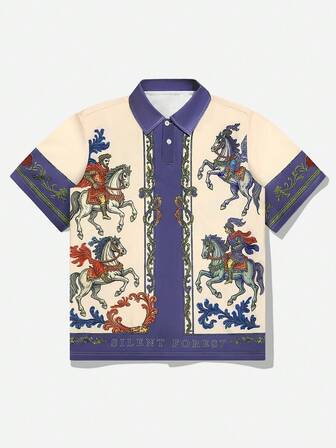 Street Life Herren Kontrast-Farbblock Ritter-Muster Kurzarm Poloshirt