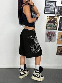 StreetHx Pantalones capri de mujer con estampado punk de ajuste holgado en gris - Negro - Ver 5