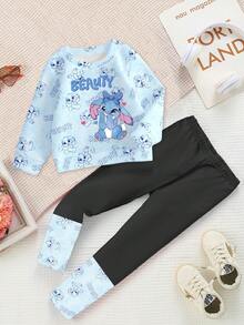 SHEIN 两件套女童休闲卡通可爱兔子彩色字母印花圆领卫衣和打底裤套装，百搭秋冬装 - 彩色 - 查看 3