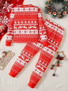 SHEIN 青少年女孩万圣节图案针织圆领上衣和紧身裤两件套睡衣套装 - 紅色 - 查看 7