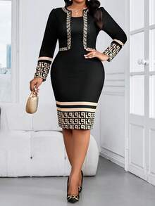 SHEIN Lady Elegant Thanksgiving New Year Black Party Dress New Year Dress Elegant Dresses For Party Luxury Evening Dresses For Women One-Piece Dress Ladies Autumn Winter Christmas Plus Size Geometric Print Fitted Sheath Dress, Suitable For Commuting Long Sleeve Elegant Dress Luxury Dress For Women Bodycon Plus Size Dress Curve Elegant Dress Bandage Dress For Women Bodycon Elegant Dress