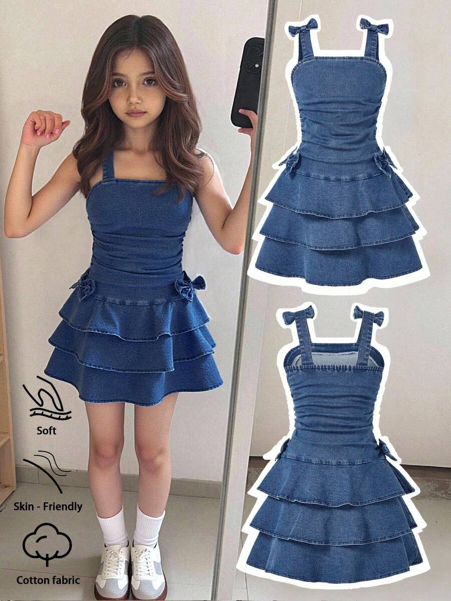 Girls' Casual Comfortable Soft Washed Denim Dress With Bowknot Decor, Elastic Waist Patchwork Flared Hem Long Dress, Lightweight Summer