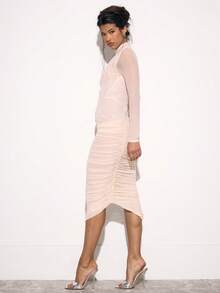 MUSERA High Neck Mesh Ruched Fitted Long Sleeve Dress Occasion Sexy Night Out Elegant Cute Party Summer - White - View 3