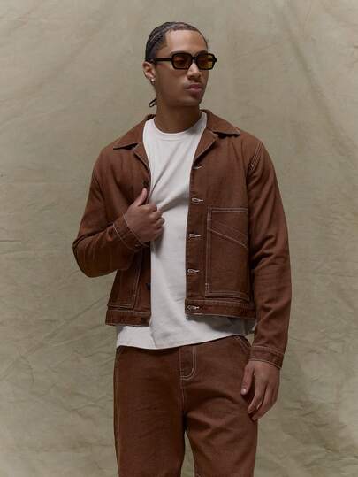 Musero Chaqueta de botones con costuras de contraste de manga larga y ajuste cuadrado para otoño e invierno