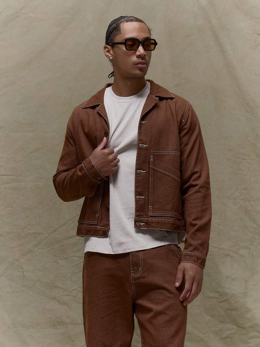 Musero Boxy Fit Long Sleeve Denim Contrast Stitch Button Through Jacket Fall Autumn Winter