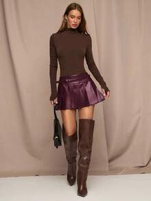 SHEIN BAE Váy ngắn xếp ly thiết kế khóa thắt lưng màu trơn cho nữ - Màu Tím - Xem 6