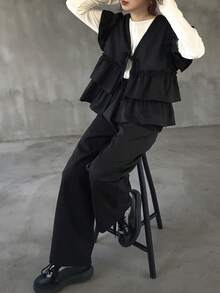 FRIFUL Women's Solid Black Sleeveless Cardigan Vest Top And Straight Leg Loose Casual Pants 2 Pieces Set, Autumn/Winter - Black - View 4