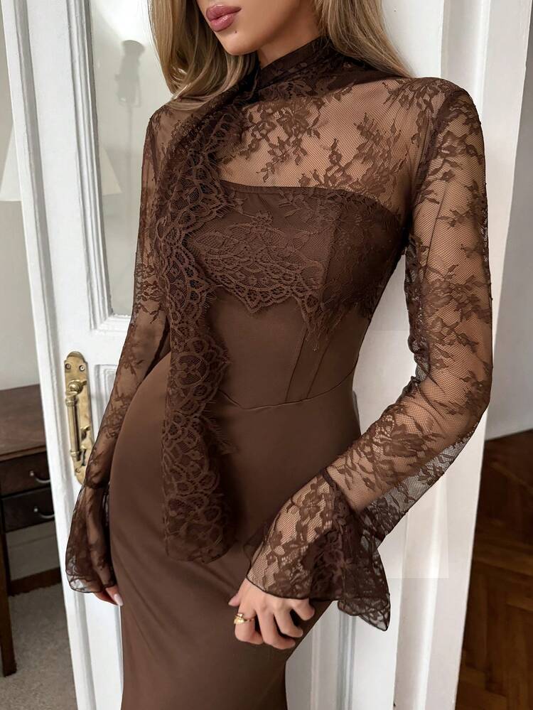 Elenzga فستان طويل بتصميم ذيل السمكة، لون أحادي، مزين بالدانتيل، حزام رقبة حلقي، أكمام طويلة مزينة بالكشكشة، خط مركزي أمامي مزين بخط عظام السمك، ذيل طويل، مناسب للحفلات والهالوين والكريسماس والمناسبات الخاصة والمواعيد - بني - مشاهدة 6