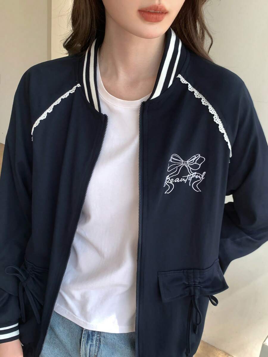 Modelyn 蝴蝶结刺绣蕾丝边长袖休闲街头棒球夹克女秋冬装 - 藏蓝色 - 查看 1