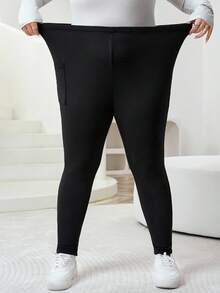SHEIN CURVE+ 大码女式高弹力保暖内衬打底裤，带侧袋，基本款返校大码打底裤，大码紧身裤，大码高弹力带口袋打底裤 - 黑色 - 查看 3