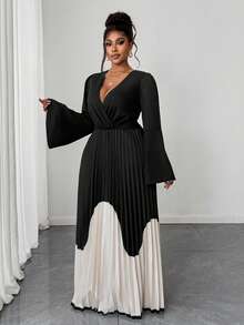 Maweii Elegancka, swobodna, plisowana sukienka maxi dla kobiet w dużych rozmiarach, z dekoltem w serek i długim rękawem, z nadrukiem, jesień/zima