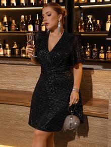Auvina Váy ngắn chữ A tay ngắn thắt eo thanh lịch, lấp lánh dành cho tiệc tùng/hàng ngày/hẹn hò/tụ tập cỡ lớn dành cho nữ - màu đen - Xem 7