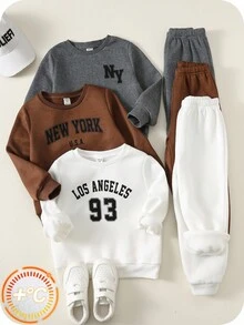 SHEIN 6 件套年轻男孩可爱休闲运动百搭字母图案长袖运动衫和慢跑裤运动服套装，秋冬 - 彩色 - 查看 3